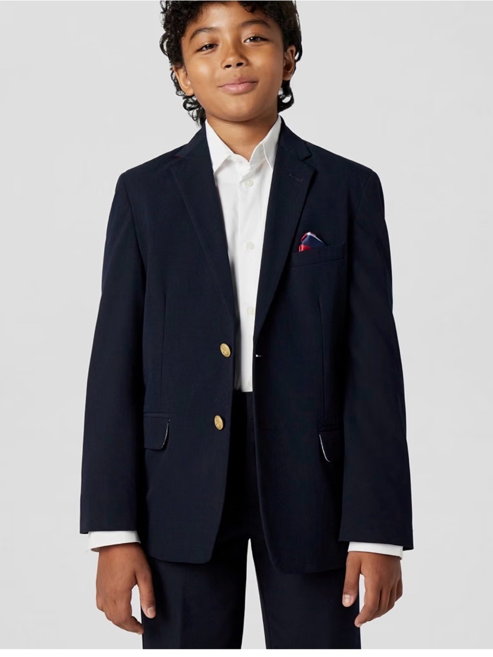 Izod Boys' Navy Blazer with Gold Buttons and Pocket Square
